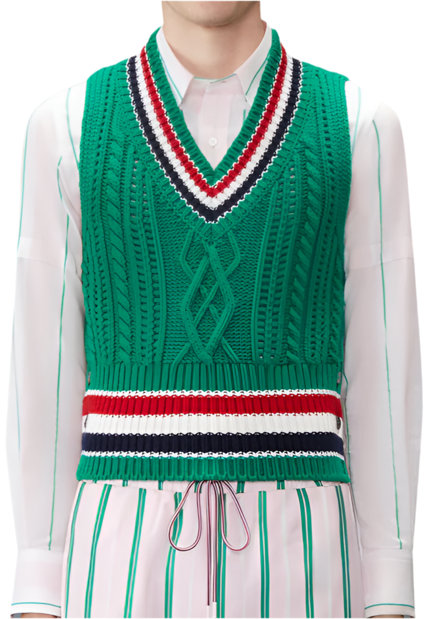 Classic Cable V Neck Pullover Vest In Chunky Cashmere W/ Rwb Stripe