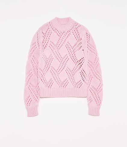 Jil Sander Candy Pink Crew Neck Chunky Wool Lace Knit Sweater