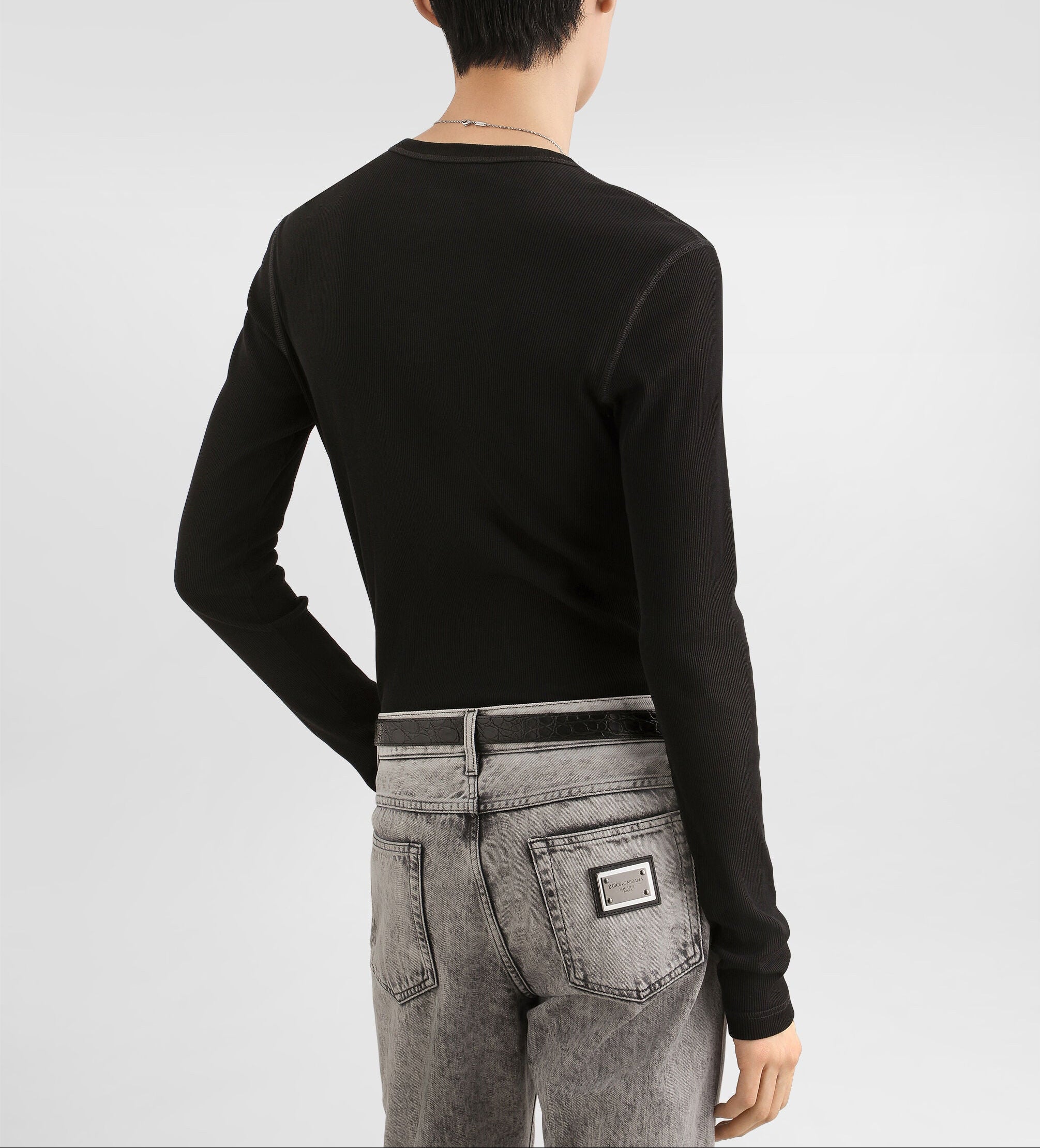 Dolce & Gabbana Black Serafino Ribbed Jersey Shirt model back