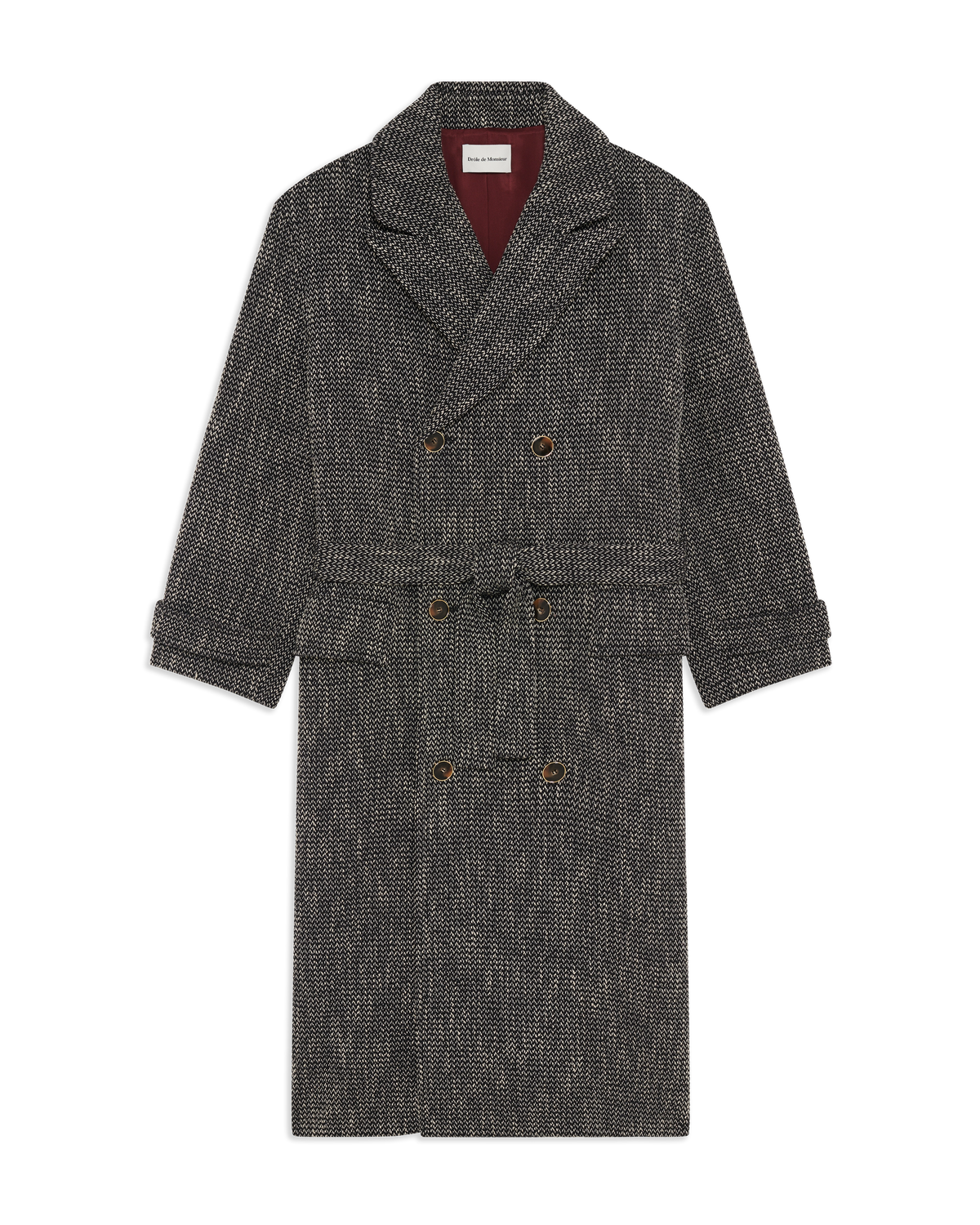 Drôle de Monsieur schwarzer zweireihiger Twill-Mantel mit Gürtel