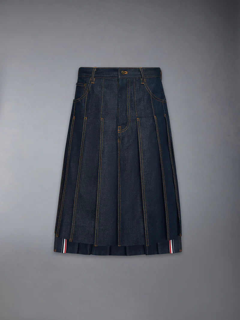Thom Brown male denim skirt pleated masculine model front flat
