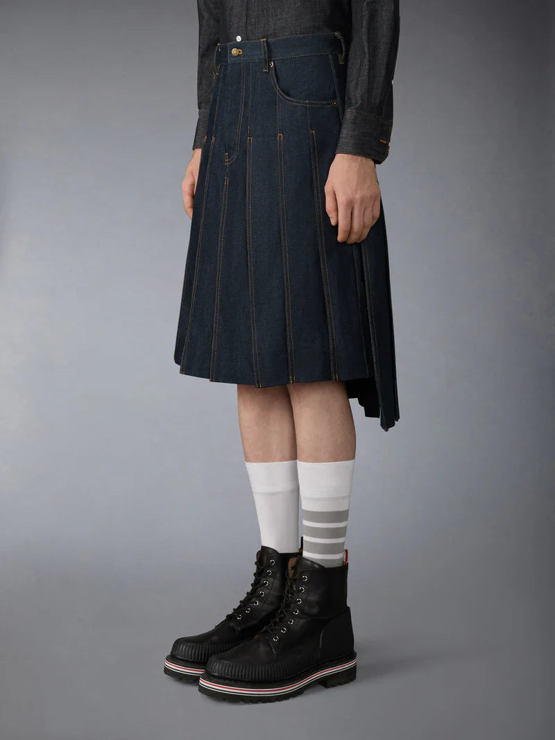 Thom Brown male denim skirt pleated masculine model front side