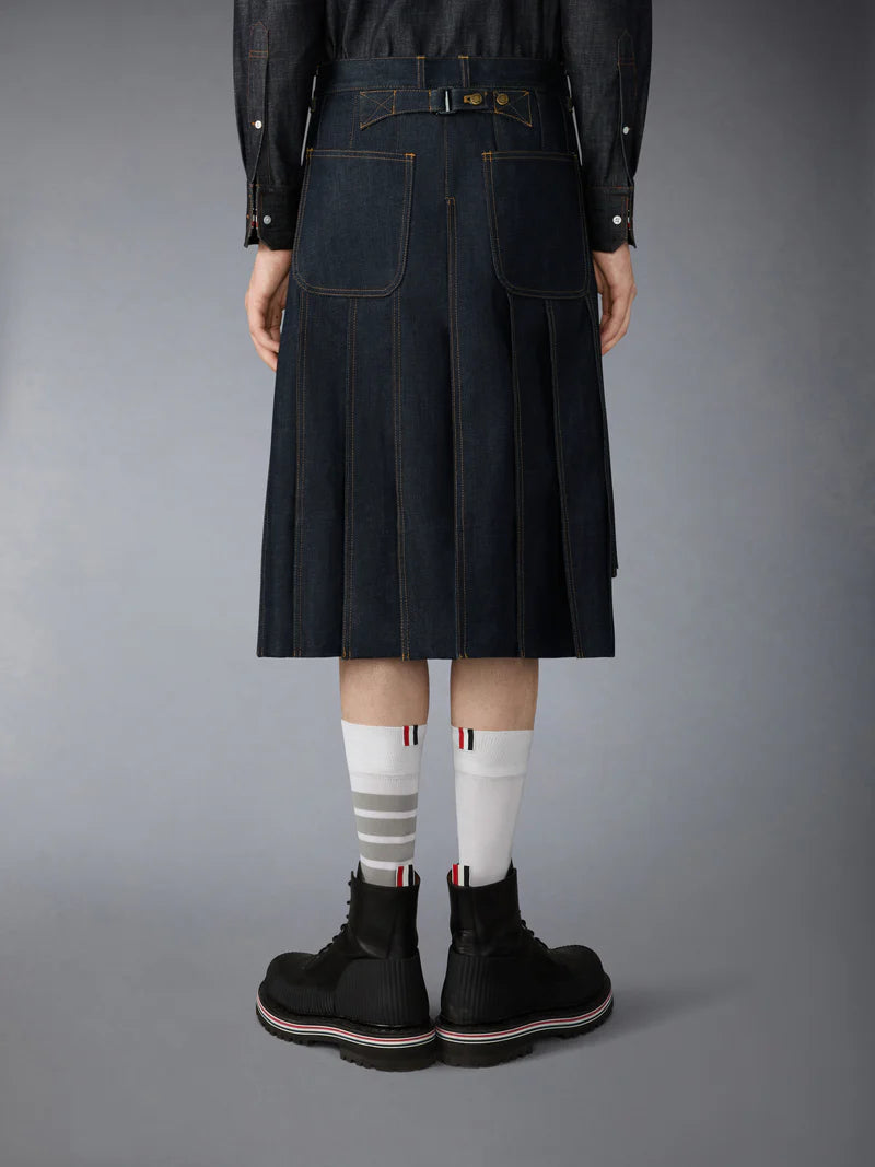 Thom Brown male denim skirt pleated masculine model back