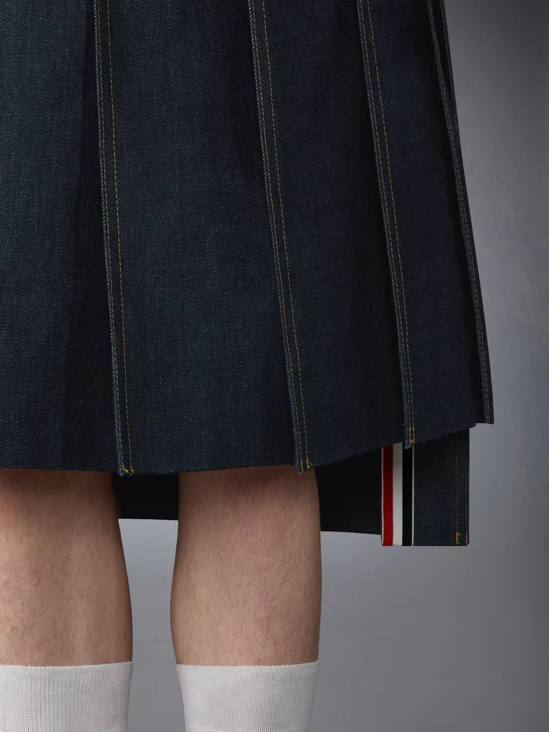 Thom Brown male denim skirt pleated masculine model front detail
