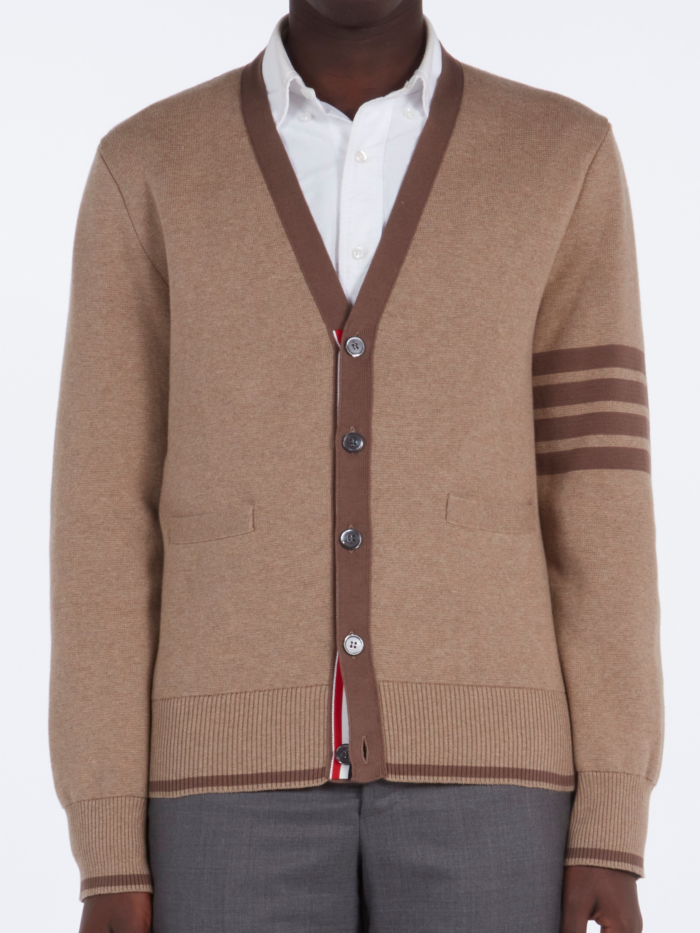 Milano Stitch V Neck Cardigan In Cotton W/ 4 Bar Stripe