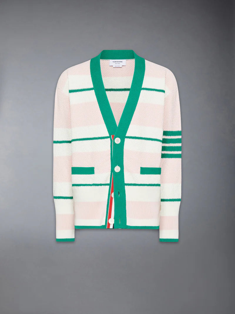 Thom Browne Classic Stripe Seed Stitch V Neck Cardigan In Cotton W/ 4 Bar Stripe