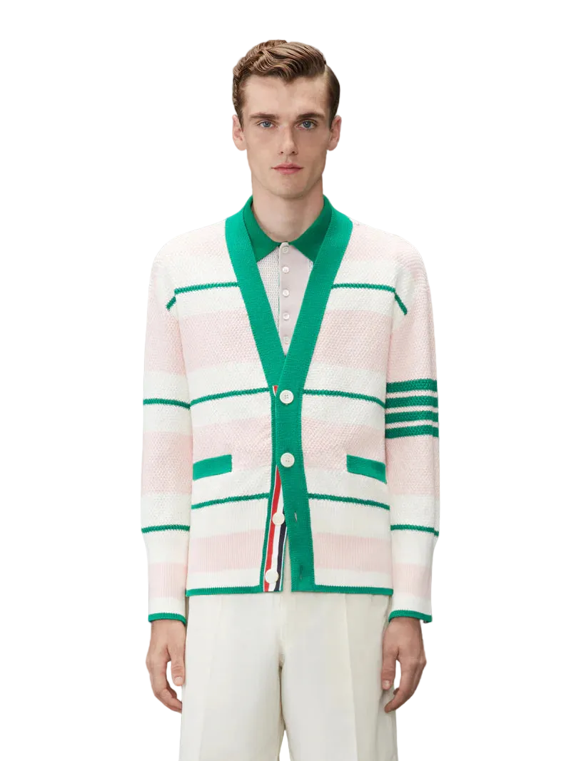 Thom Browne Classic Stripe Seed Stitch V Neck Cardigan In Cotton W/ 4 Bar Stripe