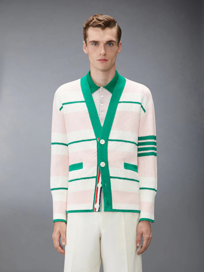 Thom Browne Classic Stripe Seed Stitch V Neck Cardigan In Cotton W/ 4 Bar Stripe