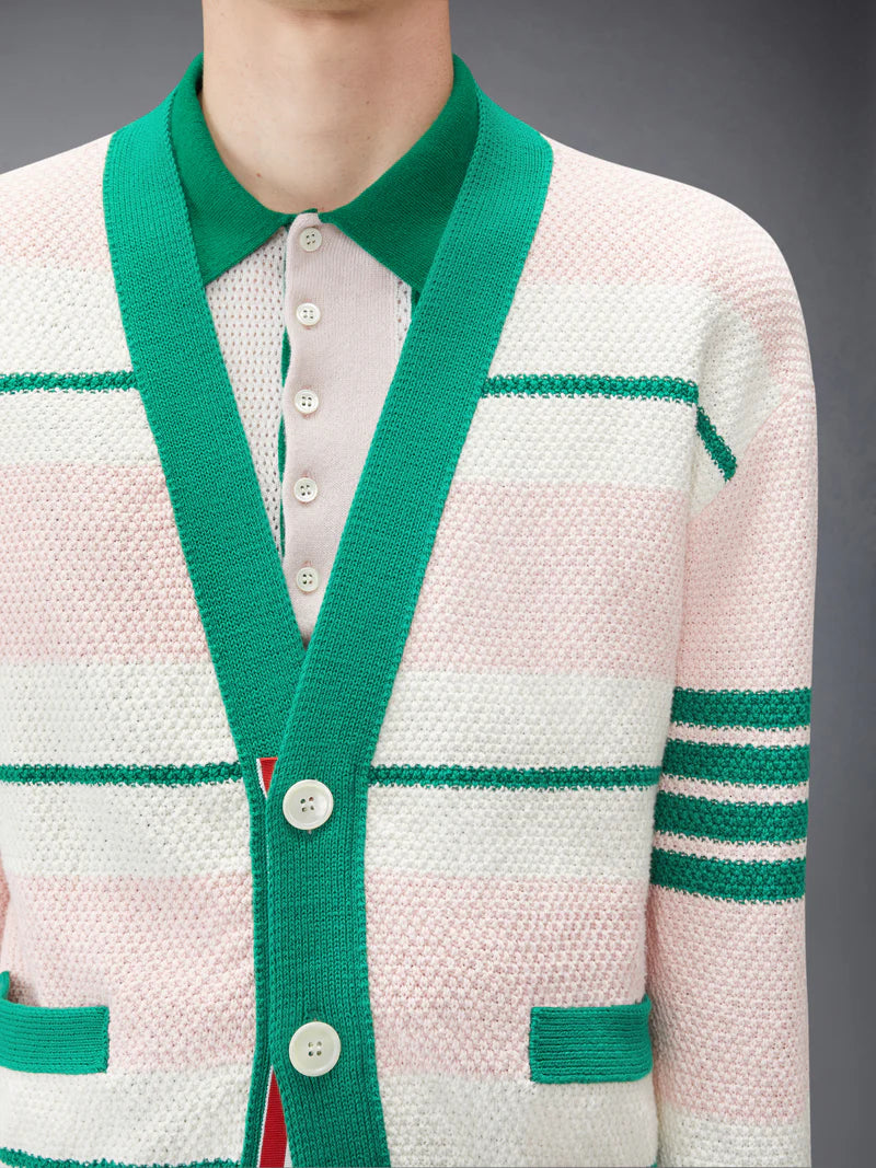 Thom Browne Classic Stripe Seed Stitch V Neck Cardigan In Cotton W/ 4 Bar Stripe
