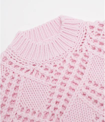 Jil Sander Candy Pink Crew Neck Chunky Wool Lace Knit Sweater
