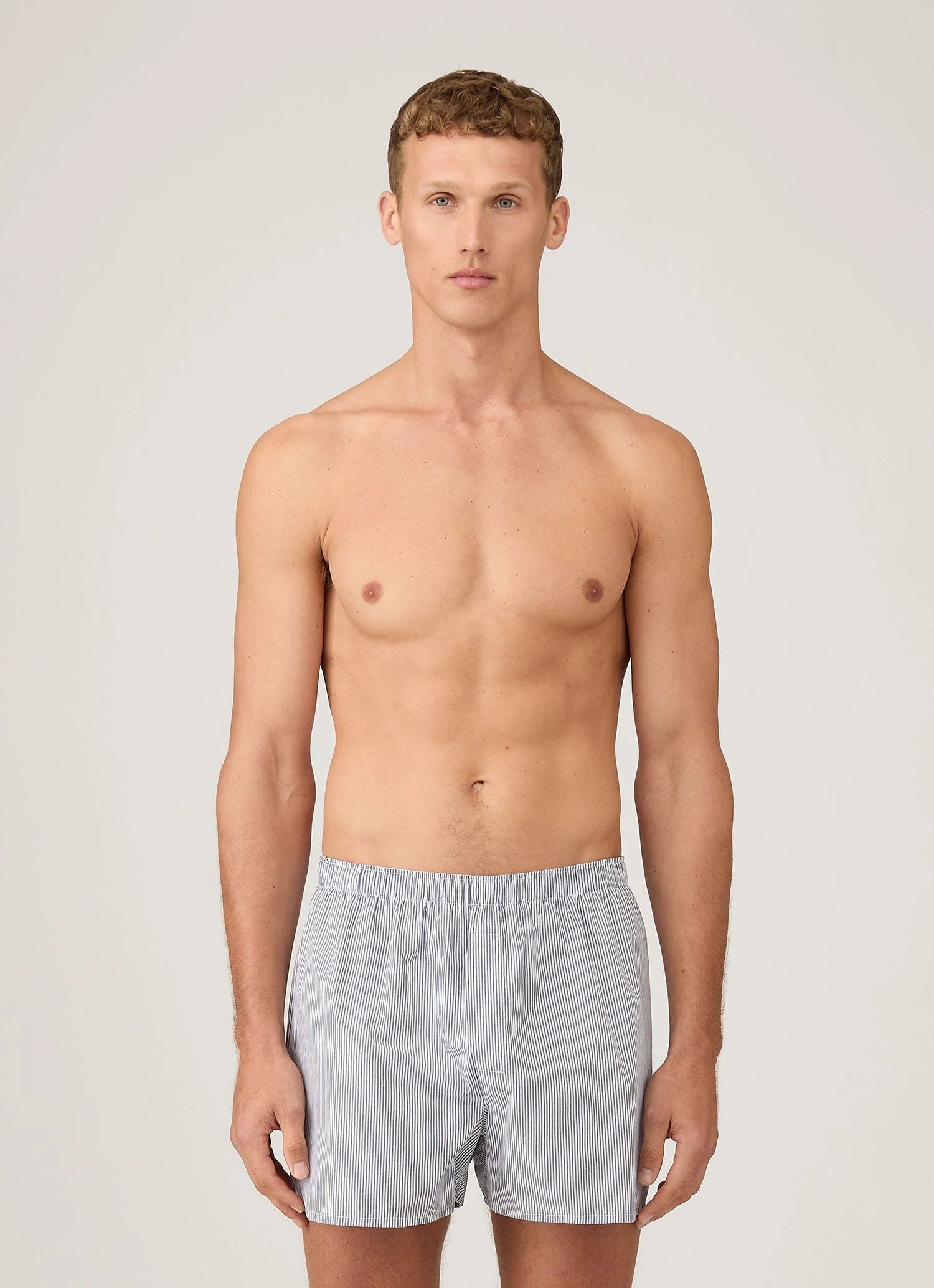 Sunspel navy and white stripe cotton boxer model front