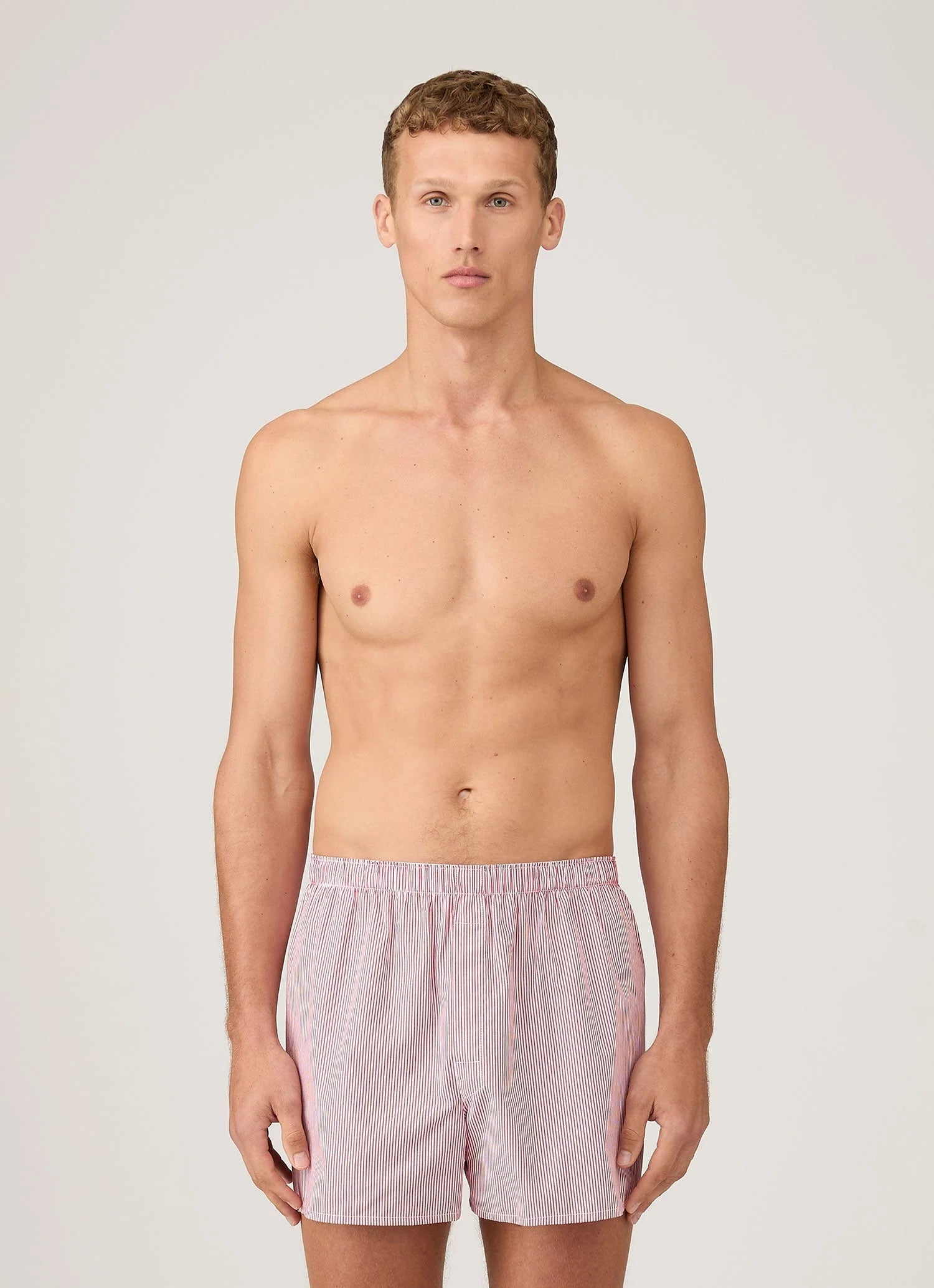 Sunspel red and white stripe cotton boxer model front