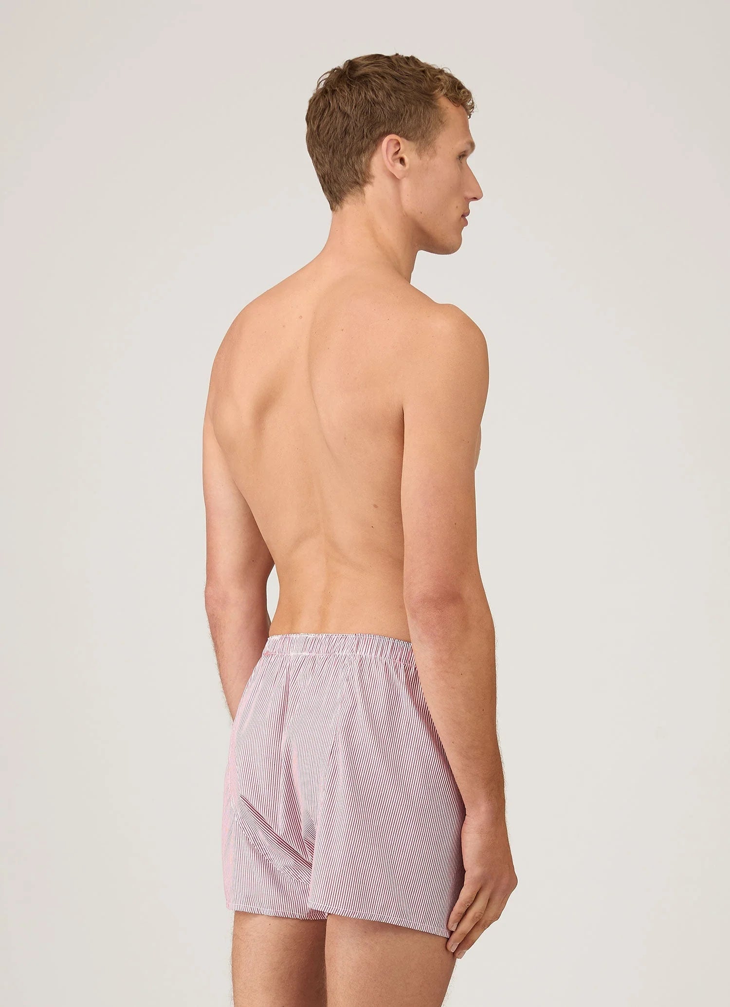 Sunspel red and white stripe cotton boxer model back