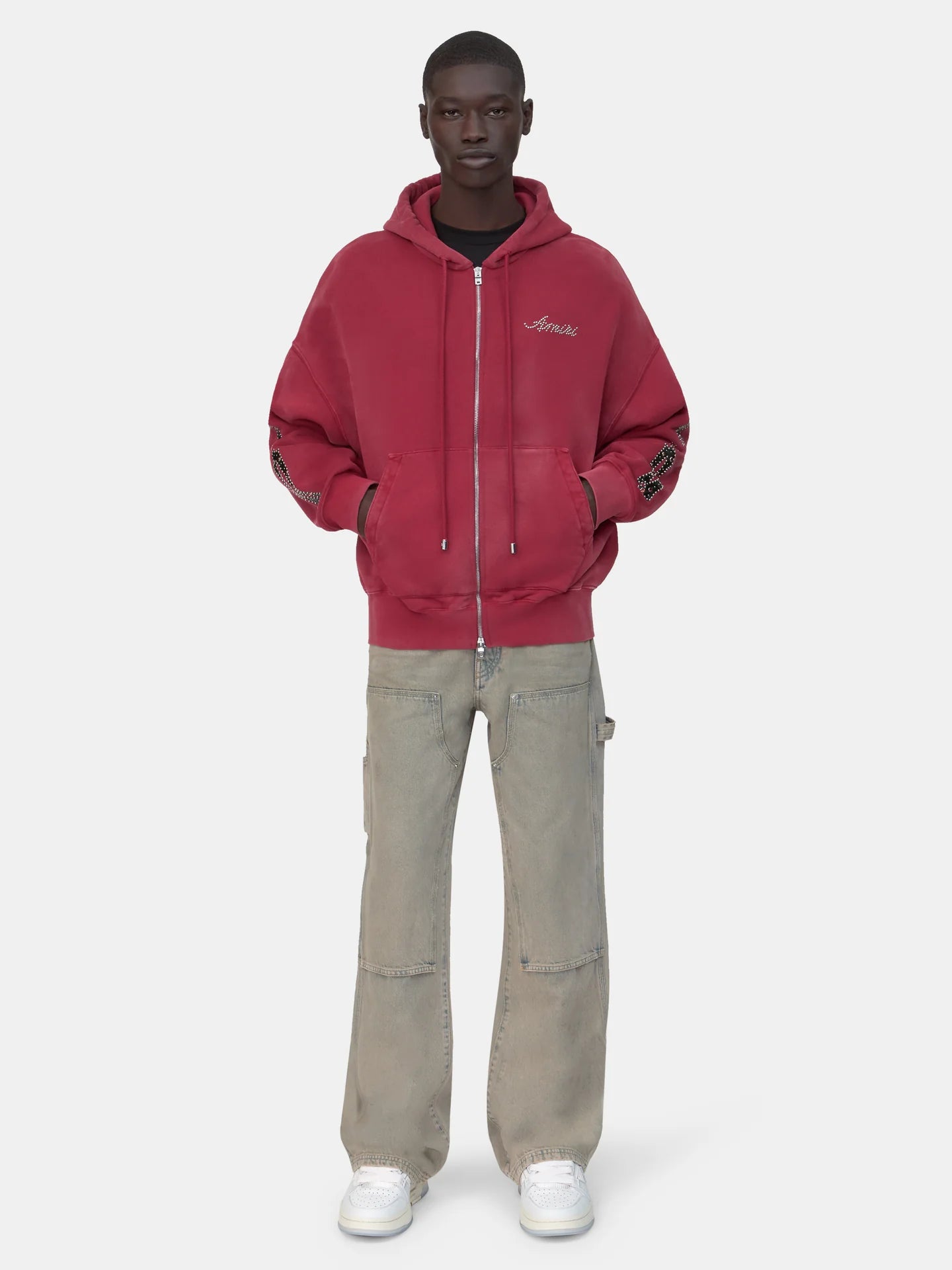 Amiri Bones Studded Red Os Zip Hoodie model front