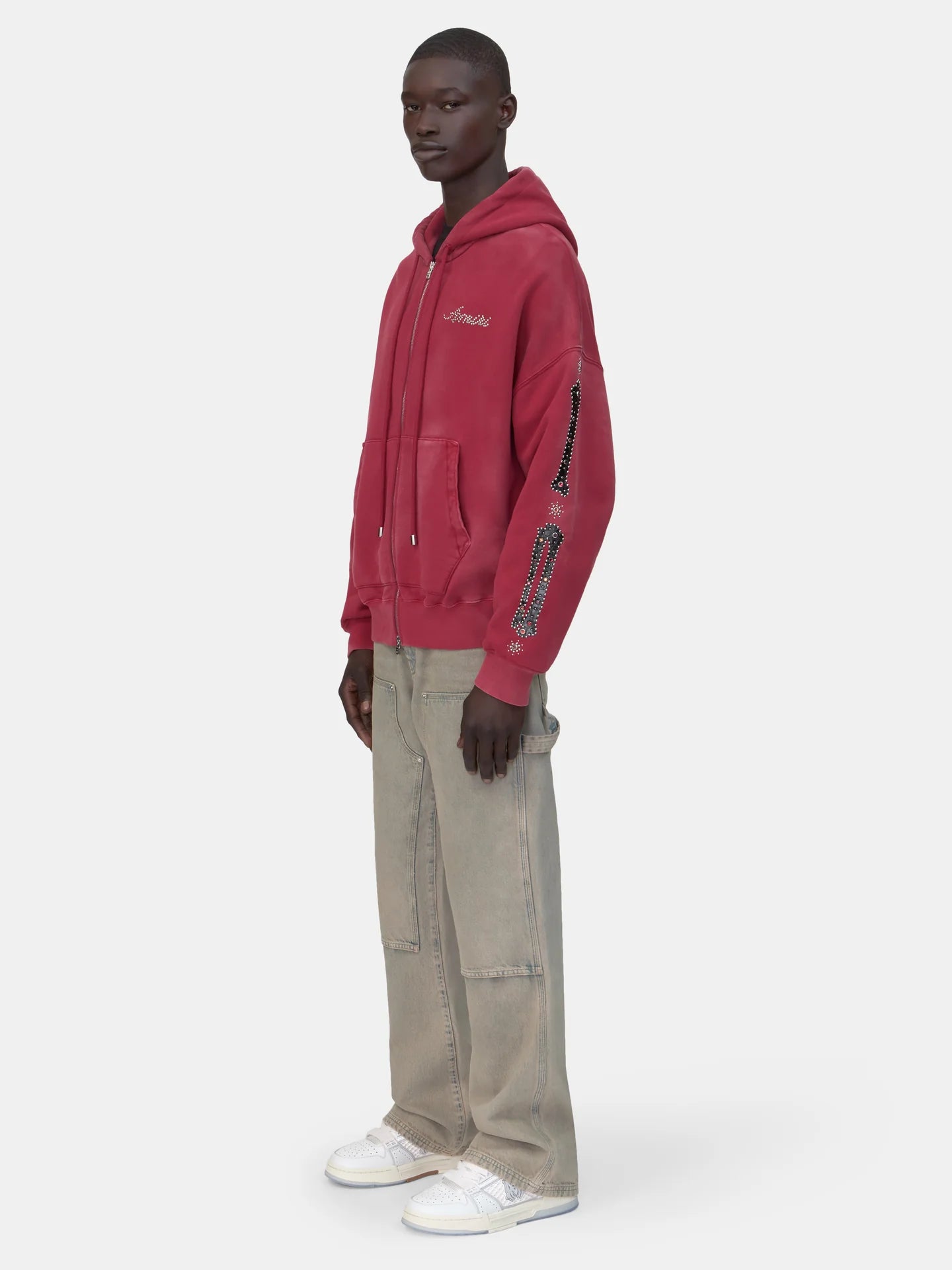 Amiri Bones Studded Red Os Zip Hoodie model side