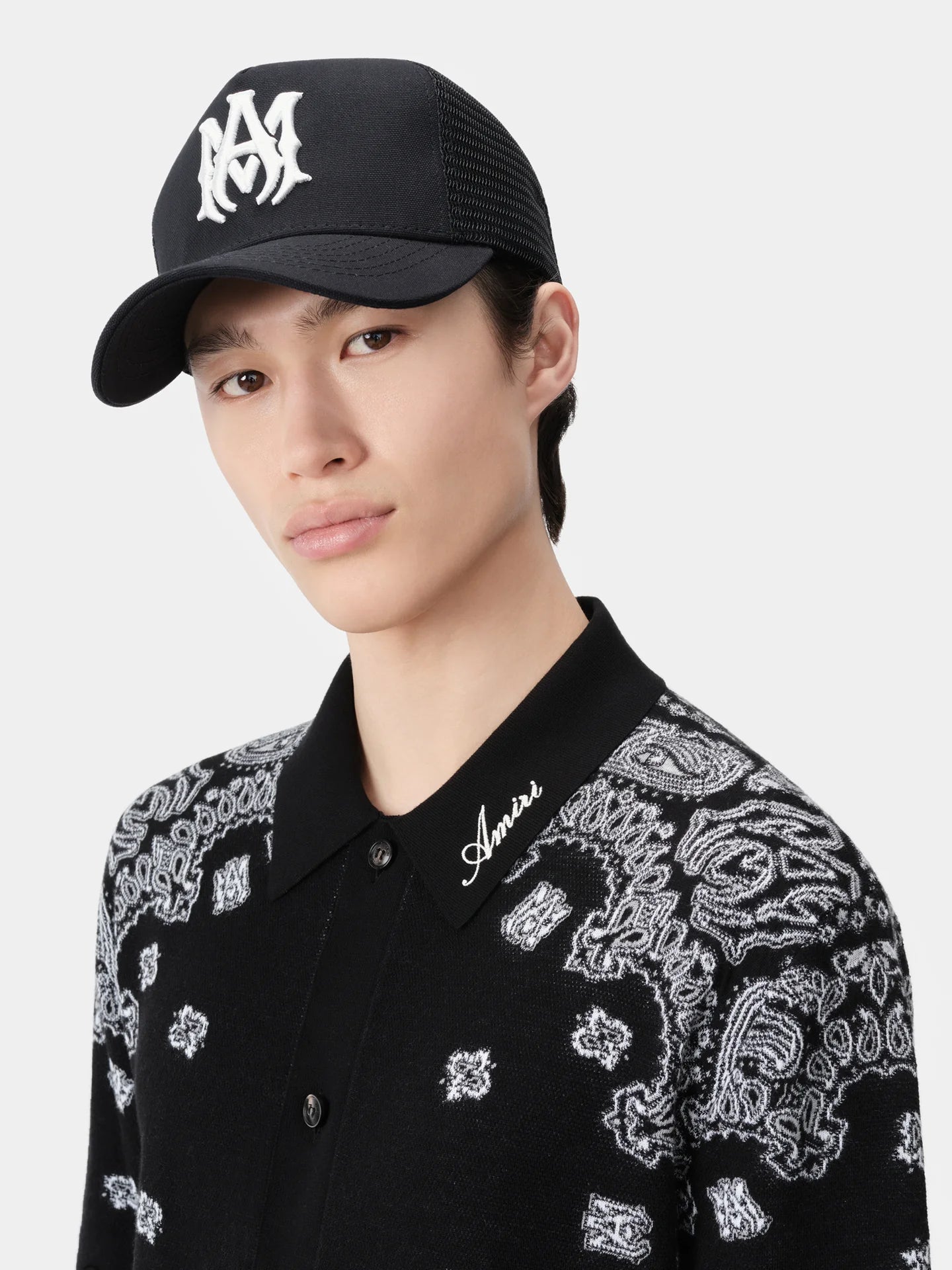 Amiri Ma Logo Black White Trucker Hat model front 