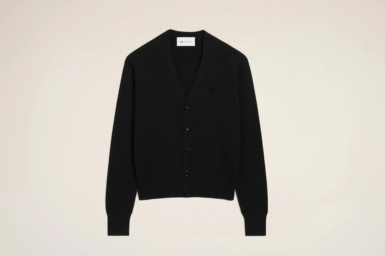 AMI Paris black merino cardigan with a ton on ton black logo on chest flat shot