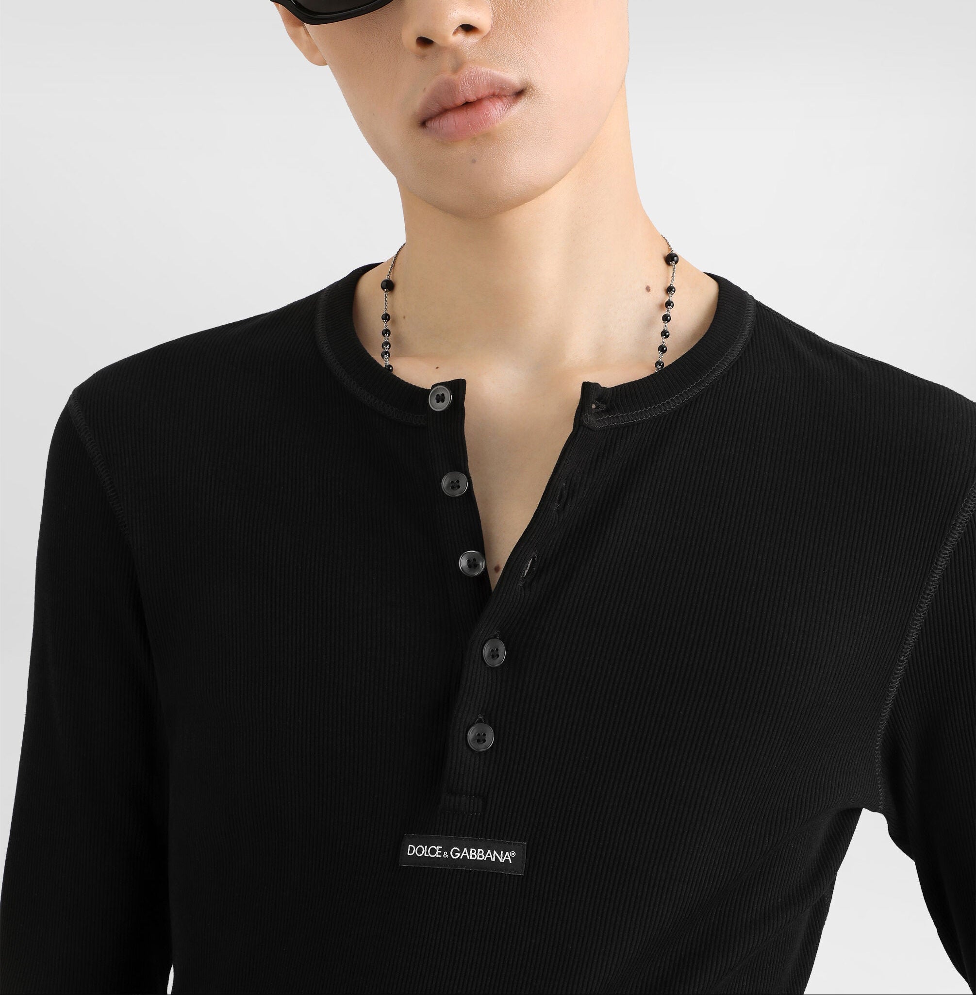 Dolce & Gabbana Black Serafino Ribbed Jersey Shirt model detail