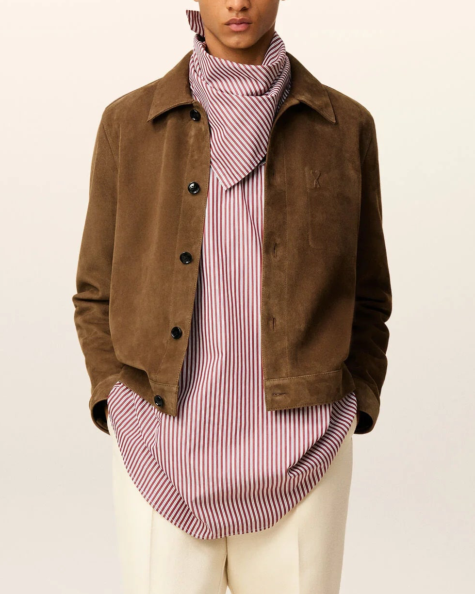 AMI Brown Leather Buttoned Jacket