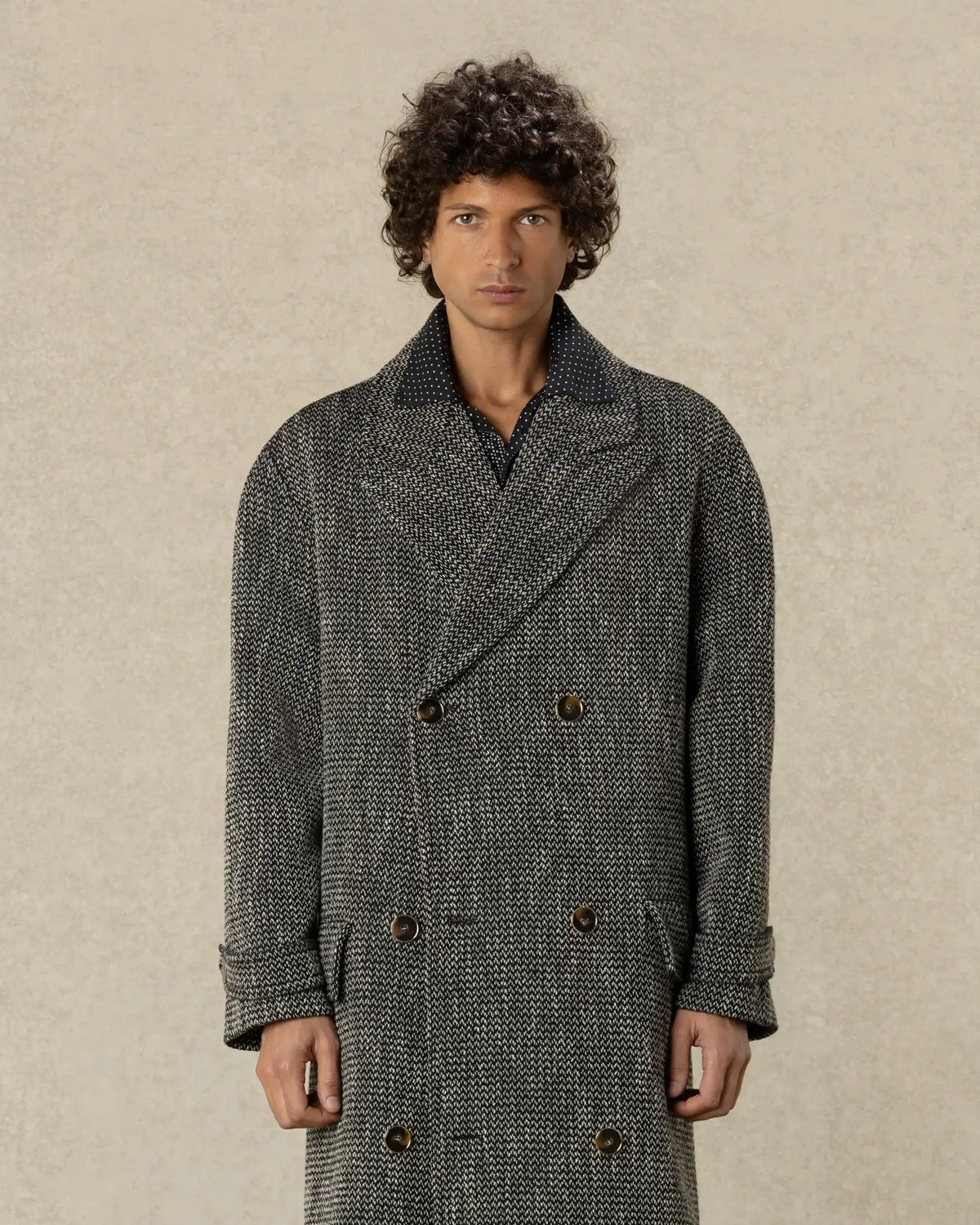 Drôle de Monsieur schwarzer zweireihiger Twill-Mantel mit Gürtel