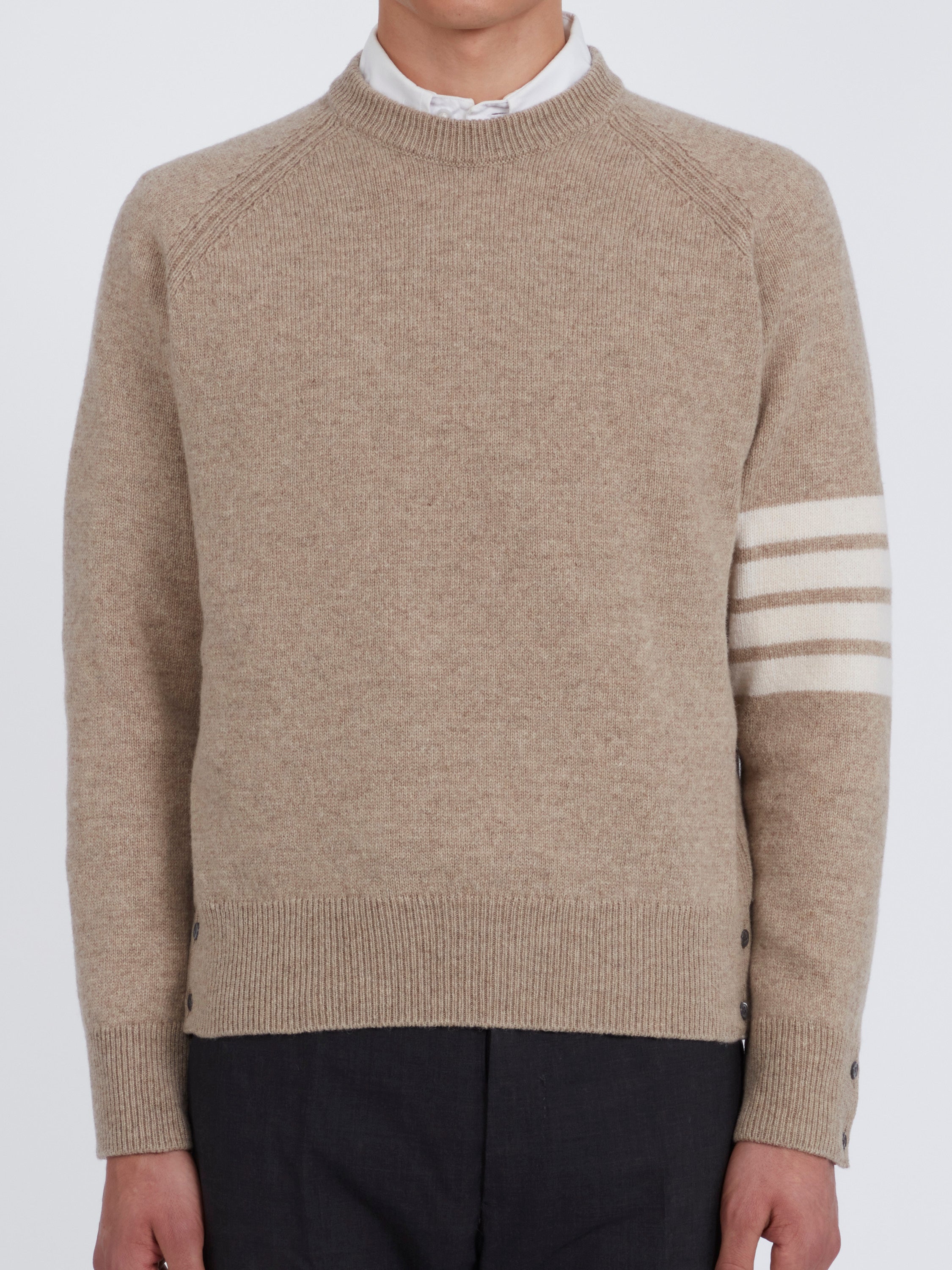 Jersey Stitch Raglan Sleeve Relaxed Crew Neck Pullover In Shetland Wool W/ 4 Bar Stripe