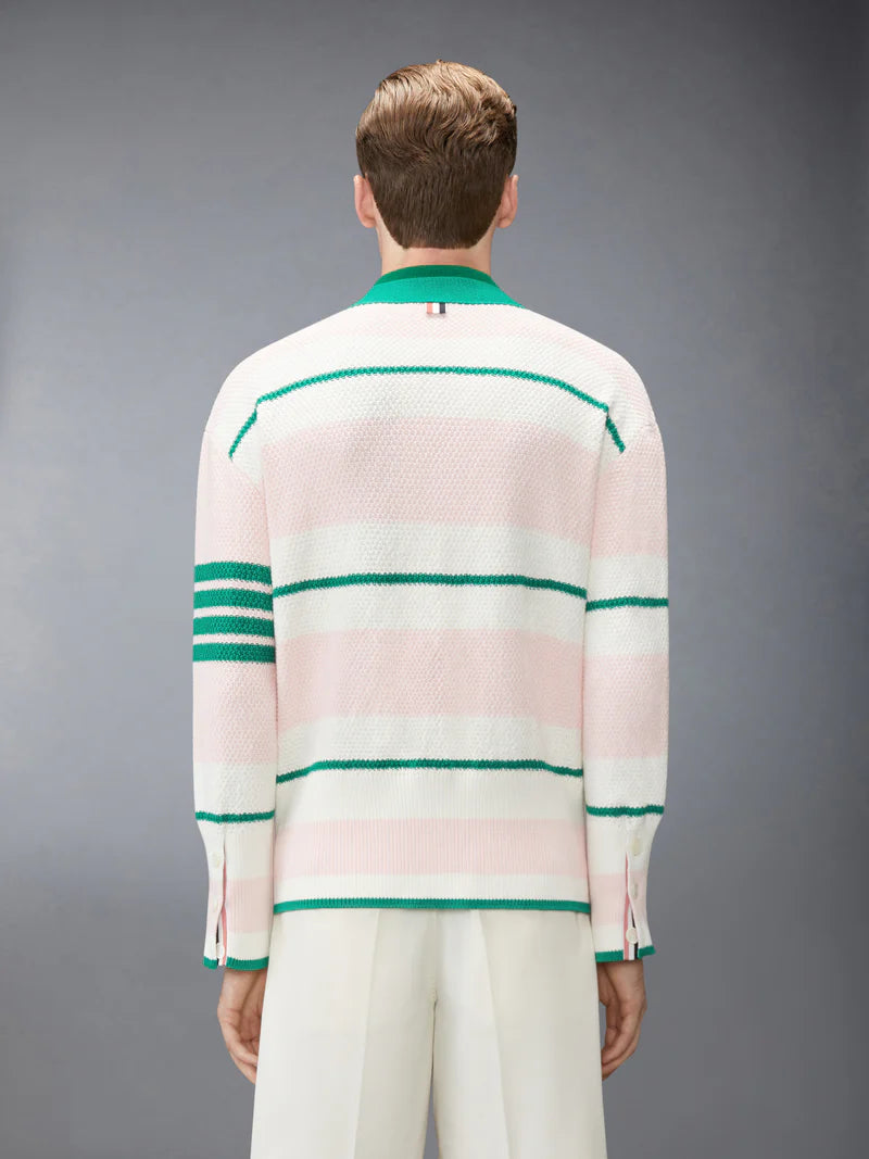 Thom Browne Classic Stripe Seed Stitch V Neck Cardigan In Cotton W/ 4 Bar Stripe
