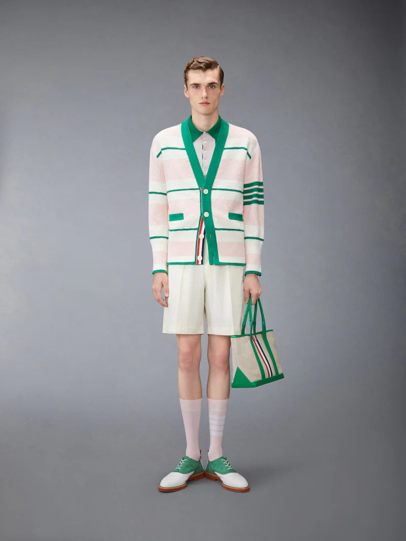 Thom Browne Classic Stripe Seed Stitch V Neck Cardigan In Cotton W/ 4 Bar Stripe