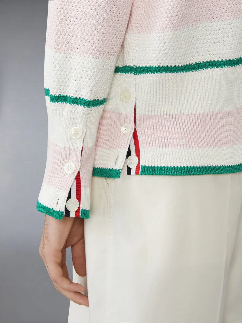 Thom Browne Classic Stripe Seed Stitch V Neck Cardigan In Cotton W/ 4 Bar Stripe
