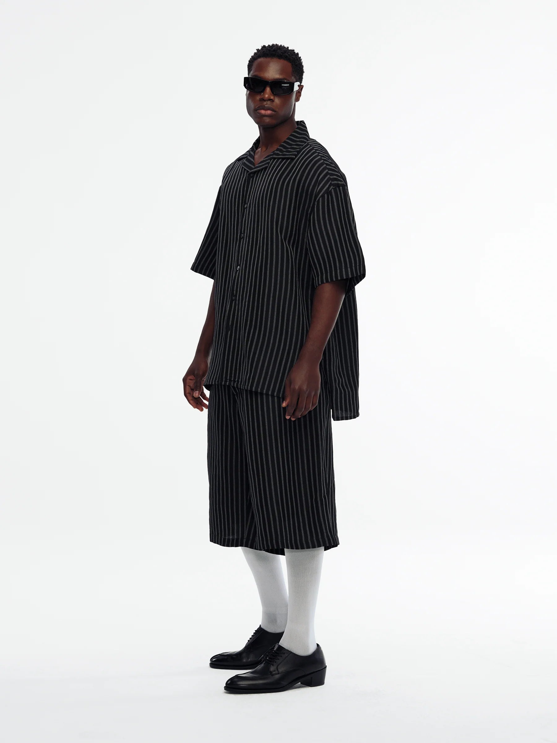 Willy Chavarria Black White Stripe Camp Collar Ss Shirt model side