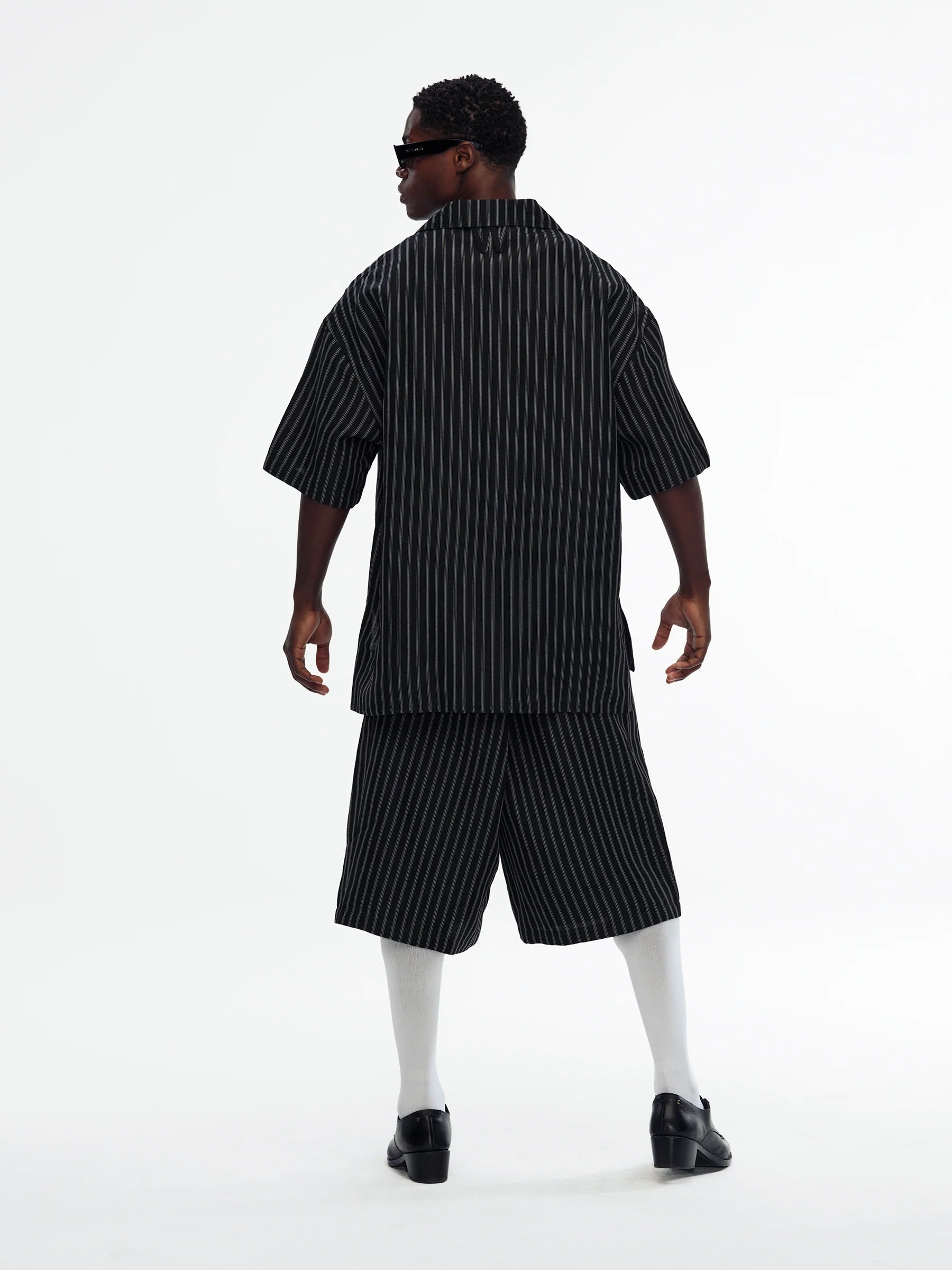Willy Chavarria Black White Stripe Camp Collar Ss Shirt model back