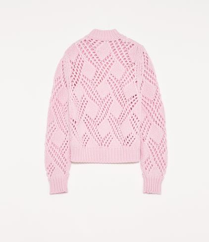 Jil Sander Candy Pink Crew Neck Chunky Wool Lace Knit Sweater
