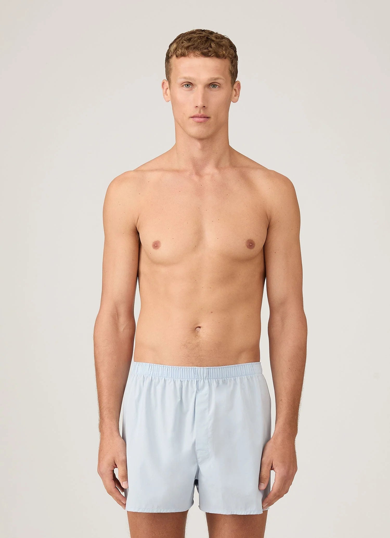 Sunspel light blue cotton boxer model front