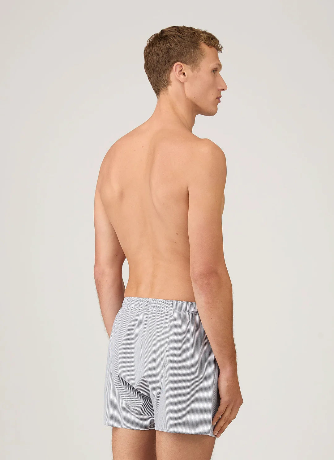 Sunspel navy and white stripe cotton boxer model back