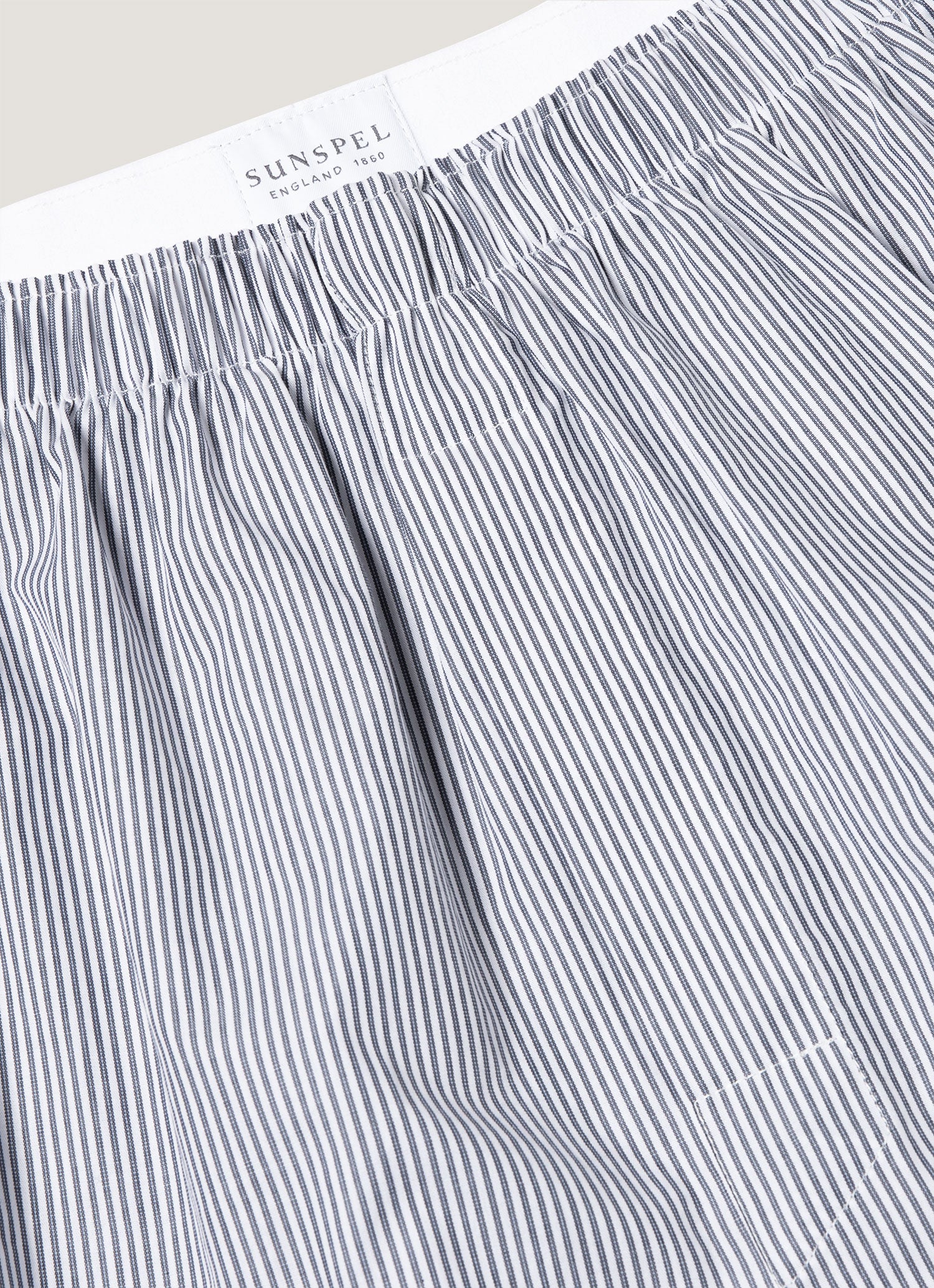Sunspel navy and white stripe cotton boxer close up